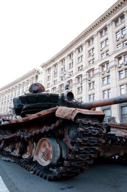 destroyed russian military equipment during war against ukraine. rusty tanks.