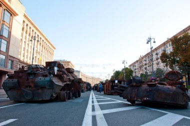Kyiv, Ukraine - August 22, 2022: destroyed russian military equipment during war against ukraine. low view.