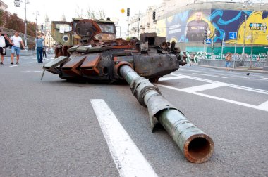 Kyiv, Ukraine - August 22, 2022: destroyed russian military equipment muzzle. war against ukraine. rusty tanks.