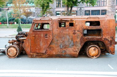 Kyiv, Ukraine - August 22, 2022: destroyed russian military equipment during war against ukraine. combat vehicle.