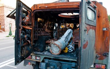 destroyed russian military equipment during war against ukraine. inside view.