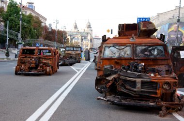 Kyiv, Ukraine - August 22, 2022: parade of destroyed russian military equipment during war against ukraine. rusty tanks.
