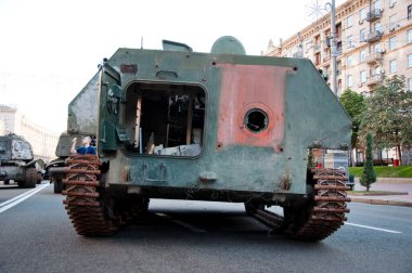 Kyiv, Ukraine - August 22, 2022: destroyed russian military equipment during war against ukraine. back view.