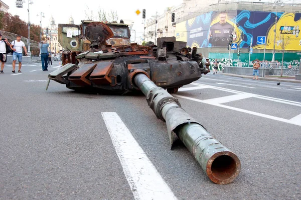 Kyiv, Ukraine - August 22, 2022: destroyed russian military equipment muzzle. war against ukraine. rusty tanks.