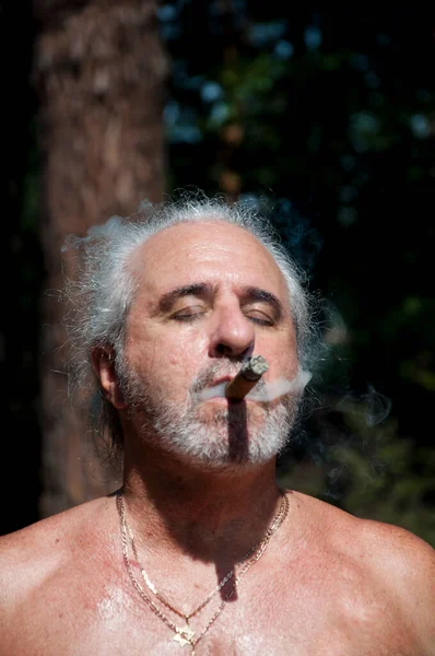 old man smoking cuban cigar enjoying summer vacation and suntan on retirement.