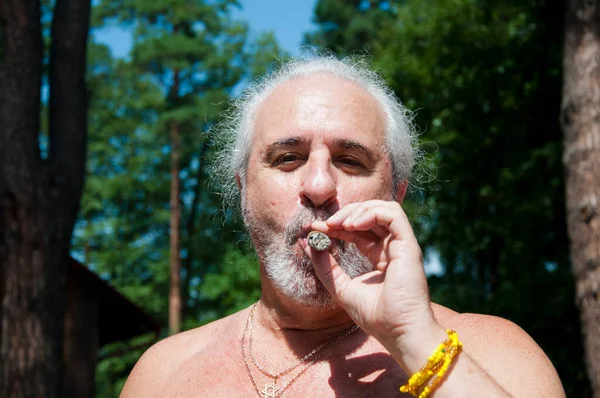 Mutlu son sınıf öğrencisi Küba purosu içiyor yaz tatilinin ve emekliliğin tadını çıkarıyor..