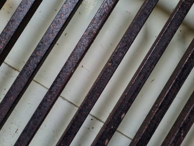 Önündeki beyaz ahşap kapının arka planı güvenlik olarak kahverengi bir demir çit.