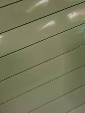 Yeşil banyo kapısı, paslanmaz çelikten siyah çizgili.