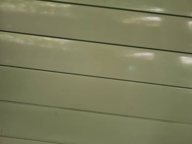 Yeşil banyo kapısı, paslanmaz çelikten siyah çizgili.