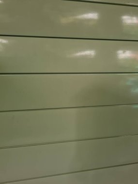 Yeşil banyo kapısı, paslanmaz çelikten siyah çizgili.