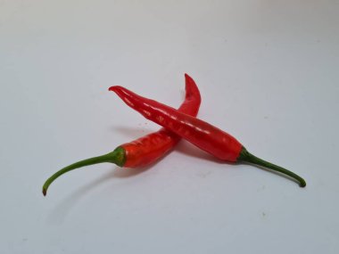 Beyaz arka planda yeşil saplı büyük kırmızı biber, bu kırmızı biber genellikle yemek pişirmek için kullanılan malzemelerden biridir.