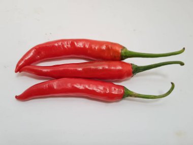 Beyaz arka planda yeşil saplı büyük kırmızı biber, bu kırmızı biber genellikle yemek pişirmek için kullanılan malzemelerden biridir.