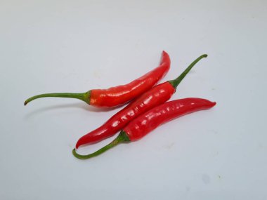 Beyaz arka planda yeşil saplı büyük kırmızı biber, bu kırmızı biber genellikle yemek pişirmek için kullanılan malzemelerden biridir.