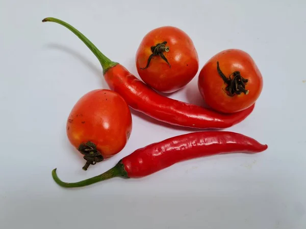 Big Red Chilies Green Handles Big Red Chilies White Background — ストック写真