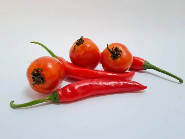 Big Red Chilies Green Handles Big Red Chilies White Background — Foto de Stock