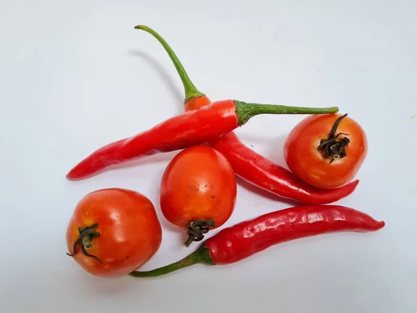 Big Red Chilies Green Handles Big Red Chilies White Background — Stock Photo, Image