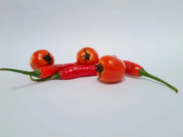 Big Red Chilies Green Handles Big Red Chilies White Background — Foto de Stock