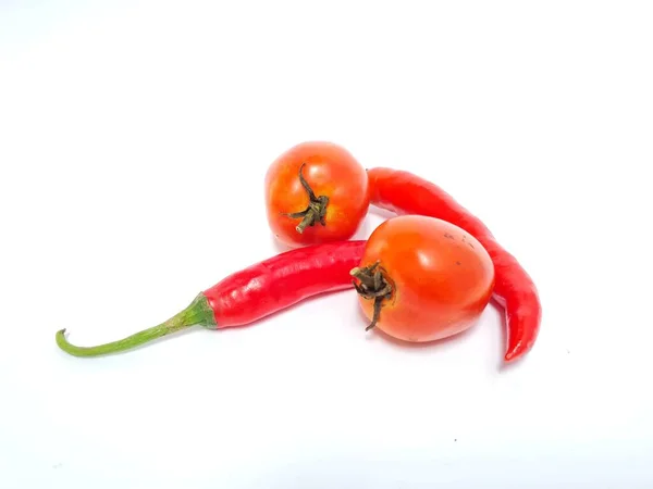 Big Red Chilies Green Handles Big Red Chilies White Background — Foto de Stock