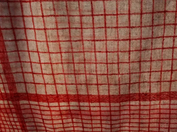 Abstract Cloth Background Textured White Checkered Napkin Red Stripes — Foto Stock