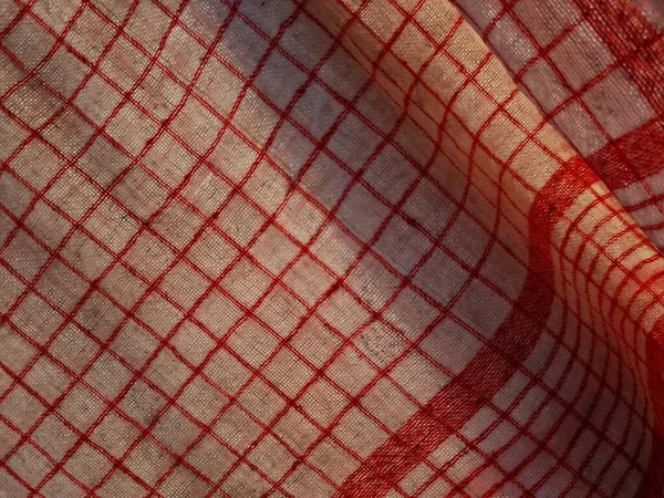 Abstract Cloth Background Textured White Checkered Napkin Red Stripes — Stock fotografie