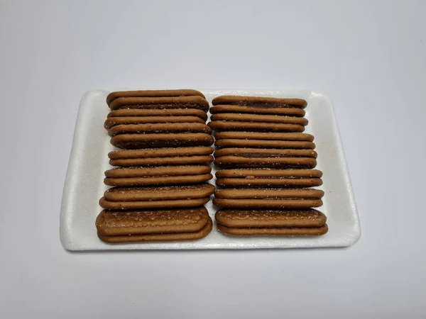 Snacks Made Flour Other Ingredients Have Chocolate Taste Called Biscuits — Stok Foto