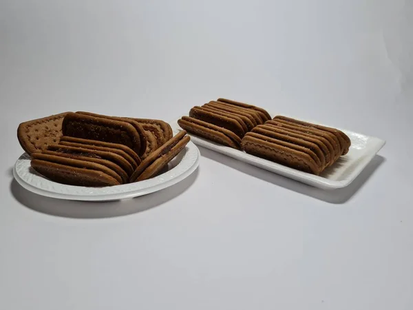 Snacks Aus Mehl Und Anderen Zutaten Mit Schokoladengeschmack Werden Kekse — Stockfoto