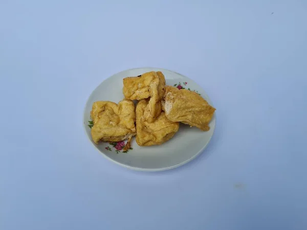 Brown Fried Tofu White Plate — Stok fotoğraf