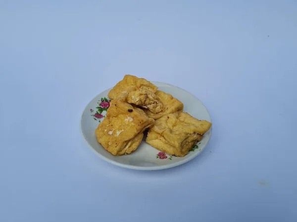 Brown Fried Tofu White Plate — стоковое фото