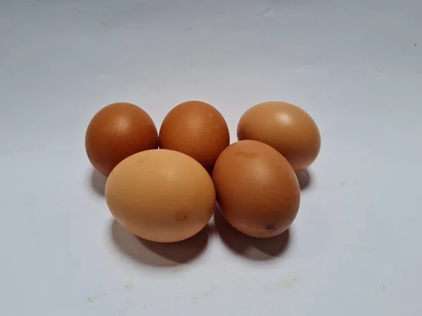 Five Brown Chicken Eggs White Background — Photo