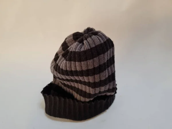 Black Gray Striped Hat Made Fabric Suitable Babies Toddlers White — стоковое фото