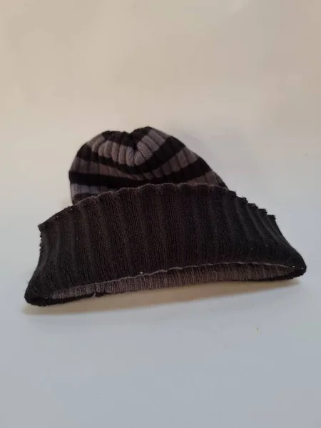 Black Gray Striped Hat Made Fabric Suitable Babies Toddlers White — стоковое фото