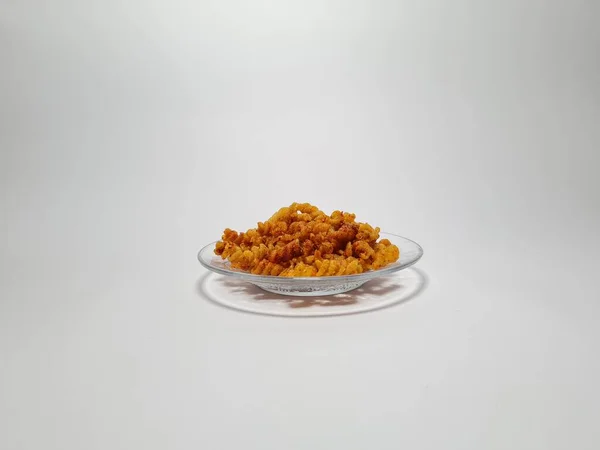 Spicy Macaroni Spicy Crispy Noodles Isolated White Gray Combination —  Fotos de Stock