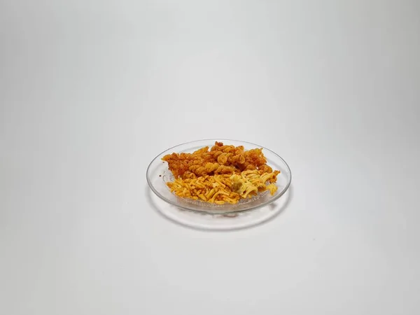 Spicy Macaroni Spicy Crispy Noodles Isolated White Gray Combination — 스톡 사진