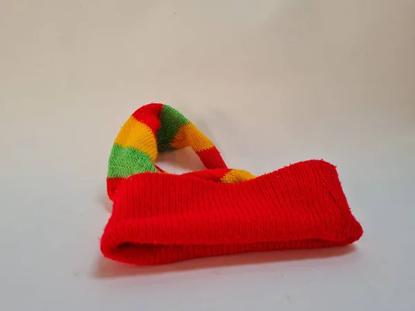 Toddler Hat Made Yarn Sharp Red Green Yellow Shape — стоковое фото