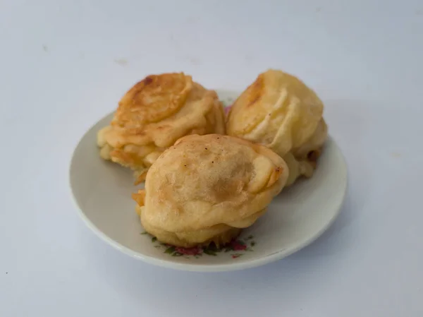 Three Fried Cassava Tapes Coated Sweet Taste Served White Plate — 图库照片