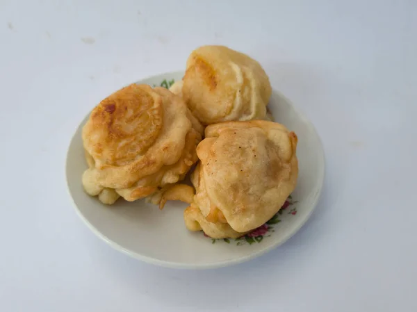 Three Fried Cassava Tapes Coated Sweet Taste Served White Plate — Stok Foto