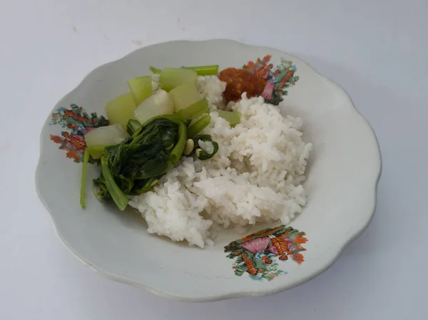 Indonesian Cuisine Served White Plate Consisting Clear Vegetable White Rice — 스톡 사진