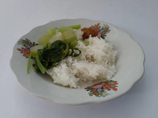 Indonesian Cuisine Served White Plate Consisting Clear Vegetable White Rice — 스톡 사진