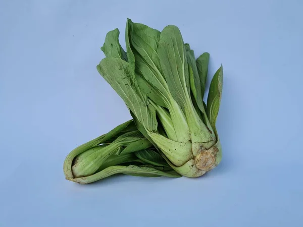 Hořčičná Zelenina Modrém Pozadí — Stock fotografie