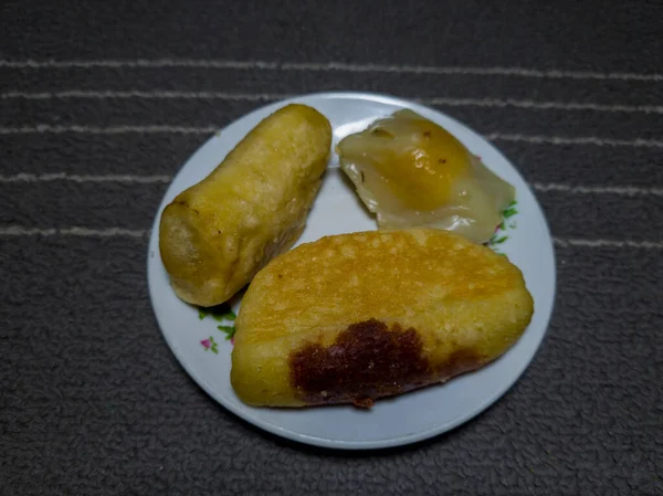 Market Cakes Mendut Cakes Fried Bananas Pukis Cakes White Plate — Stock Photo, Image