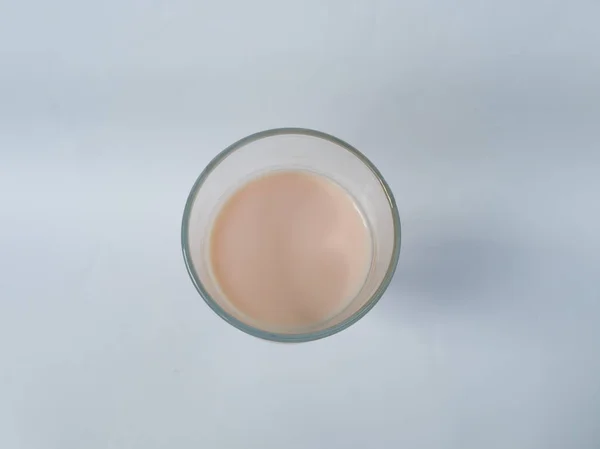 Boisson Lait Aromatisé Fraise Dans Une Tasse Verre Sur Fond — Photo