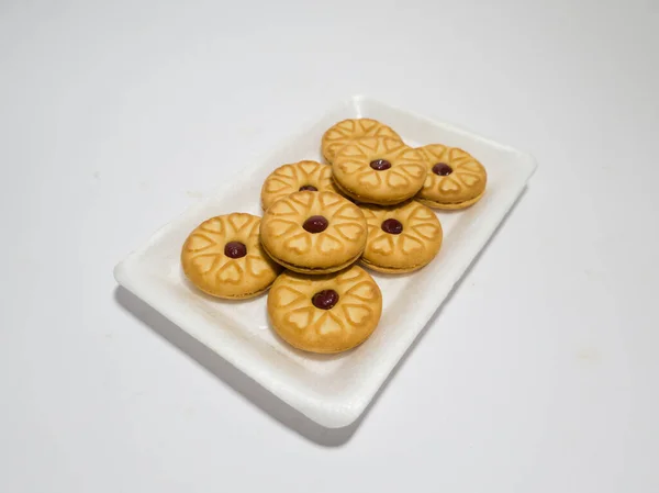 Biscoitos Cheios Geléia Morango Madeira São Perfeitos Para Tempo Relaxante — Fotografia de Stock