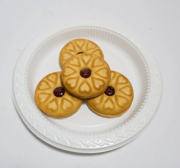 Biscotti Ripieni Marmellata Fragole Sul Legno Sono Perfetti Momento Relax — Foto Stock