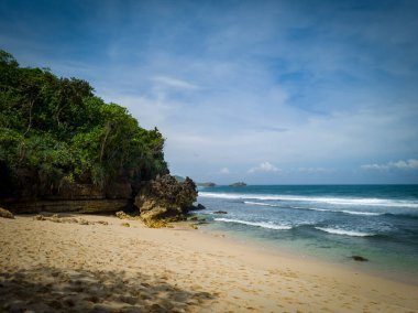 Deniz manzarası ve mavi gökyüzü artı yeşil yapraklar.