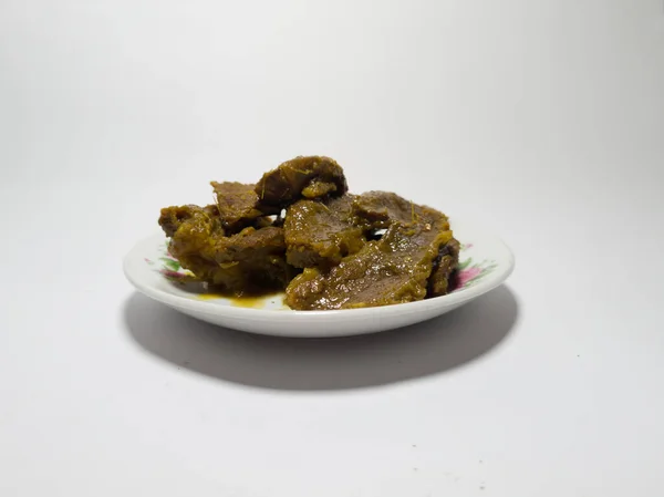 Plato Rendang Res Con Deliciosas Especias Plato Blanco — Foto de Stock