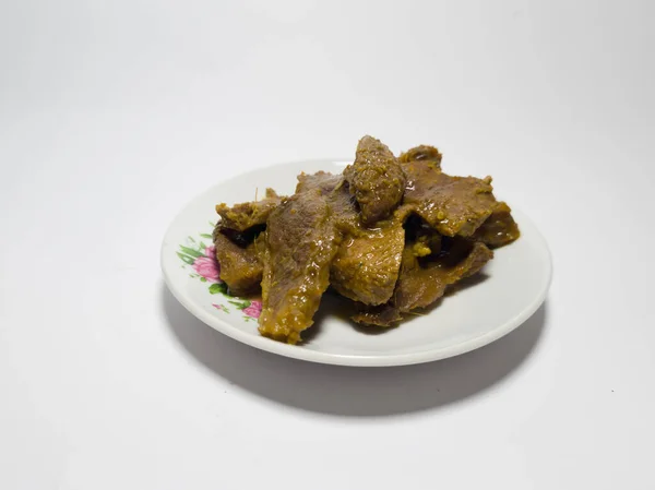 Beef Rendang Dish Delicious Spices White Plate — 스톡 사진