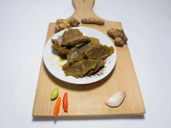 Beef Rendang Dish Delicious Spices White Plate — Stock fotografie