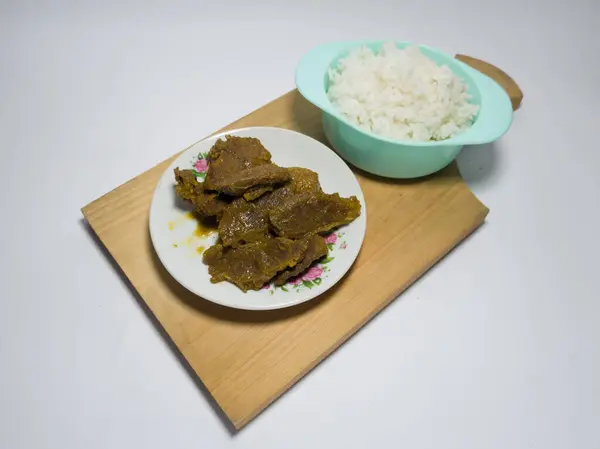 Beef Rendang Dish Delicious Spices White Plate — Stok Foto