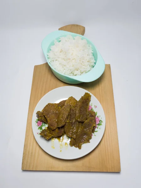 Beef Rendang Dish Delicious Spices White Plate — Stock fotografie