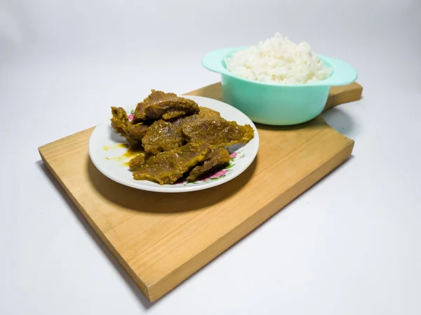 Beef Rendang Dish Delicious Spices White Plate — Stockfoto